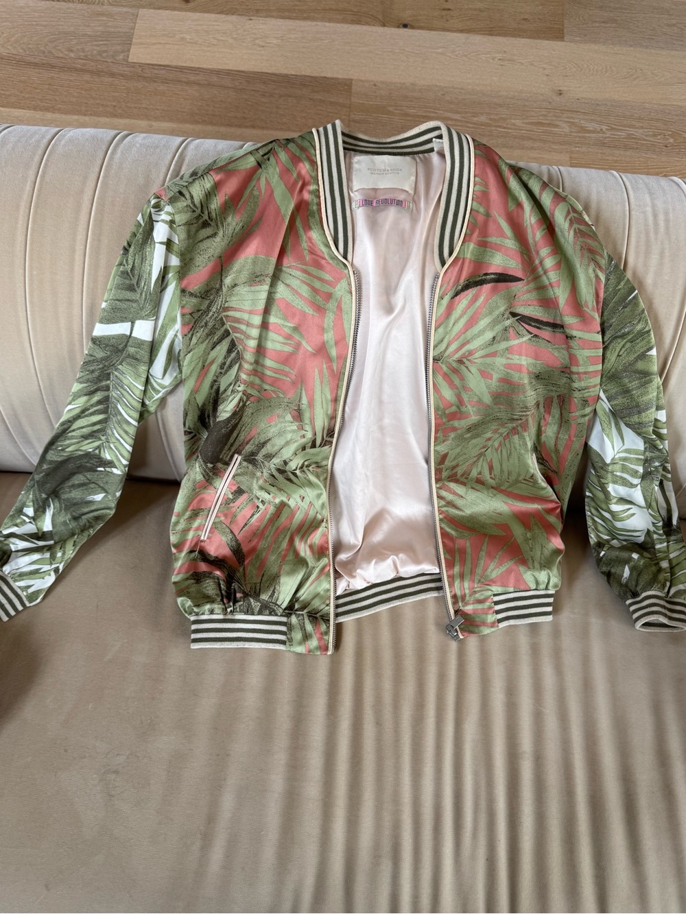 Scotch & Soda Pink and Green Tropical Satin Bomber Jacket
